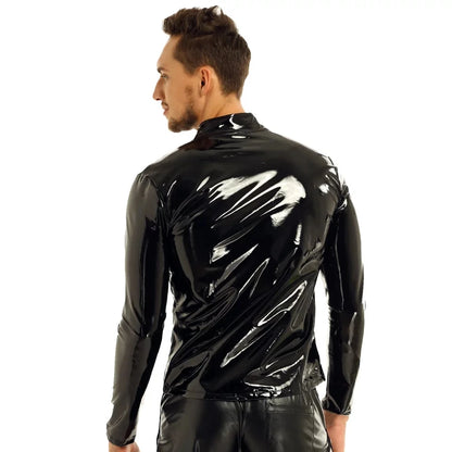 Mens Sexy Shiny Wetlook Leather Shirt