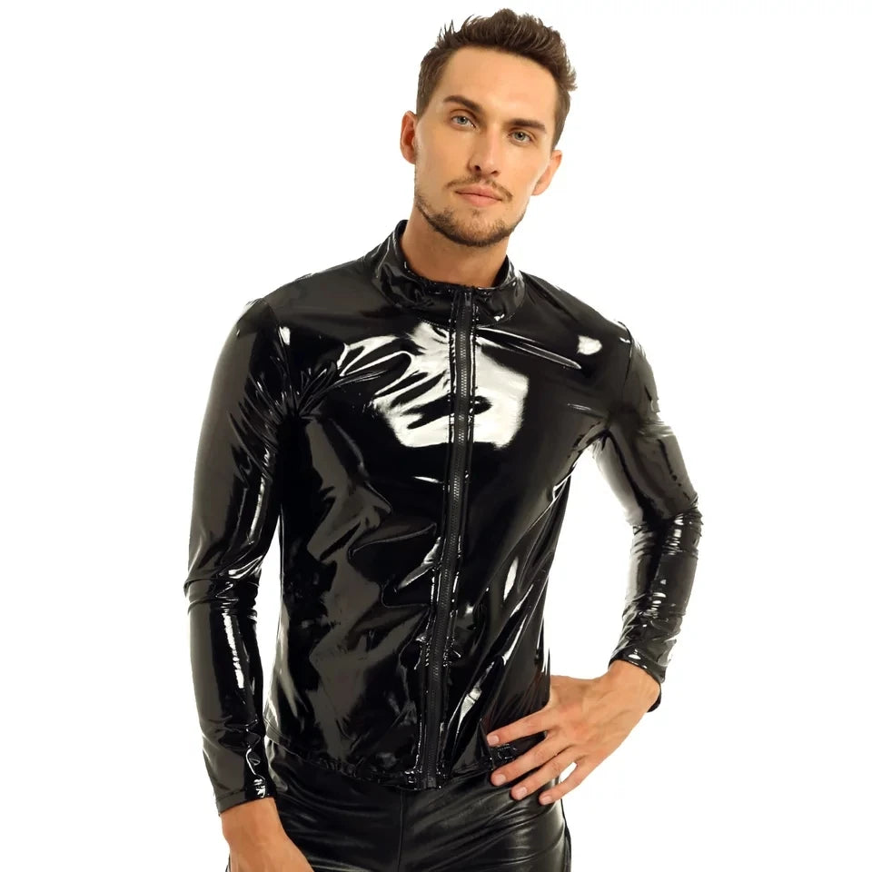 Mens Sexy Shiny Wetlook Leather Shirt