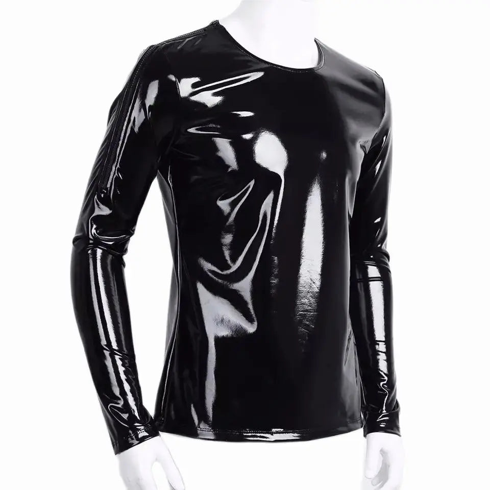 Mens  PVC Leather Long Sleeve Shirt