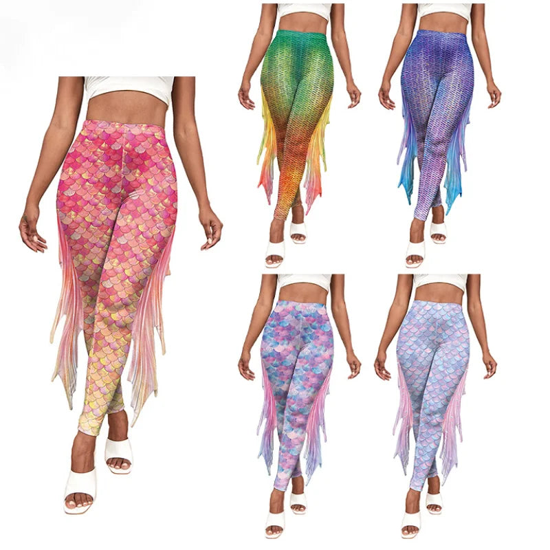 Adult High Waisted Fish Scaled Printed Mermaid Leggings With Loose Tail Fins