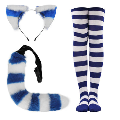 Striped Furry Cat Ear Headband and Tail Stockings Set