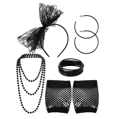 80s Dress Costume Accessories Headband Earrings Fishnet Gloves Necklace