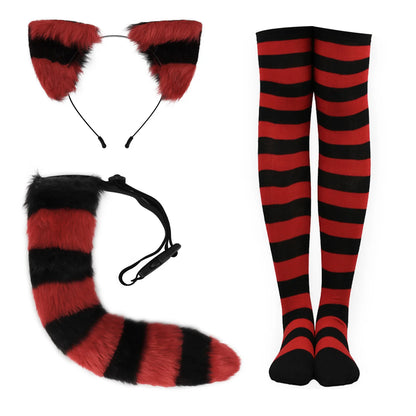 Striped Furry Cat Ear Headband and Tail Stockings Set