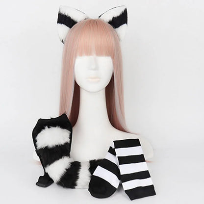 Striped Furry Cat Ear Headband and Tail Stockings Set