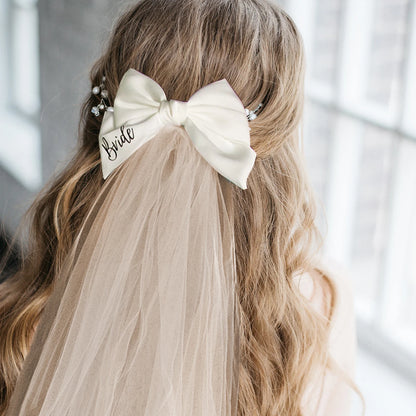 White Bride Pearl Hair Bow Veil