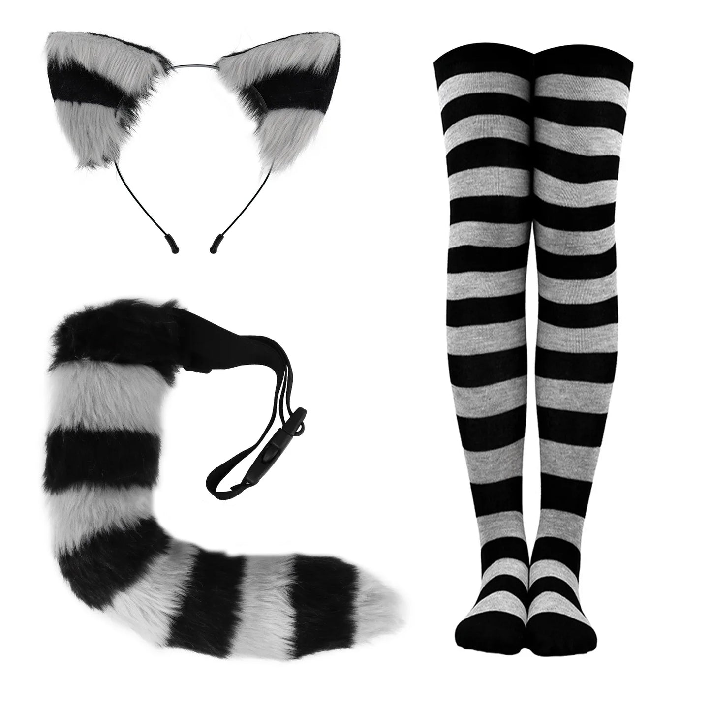 Striped Furry Cat Ear Headband and Tail Stockings Set