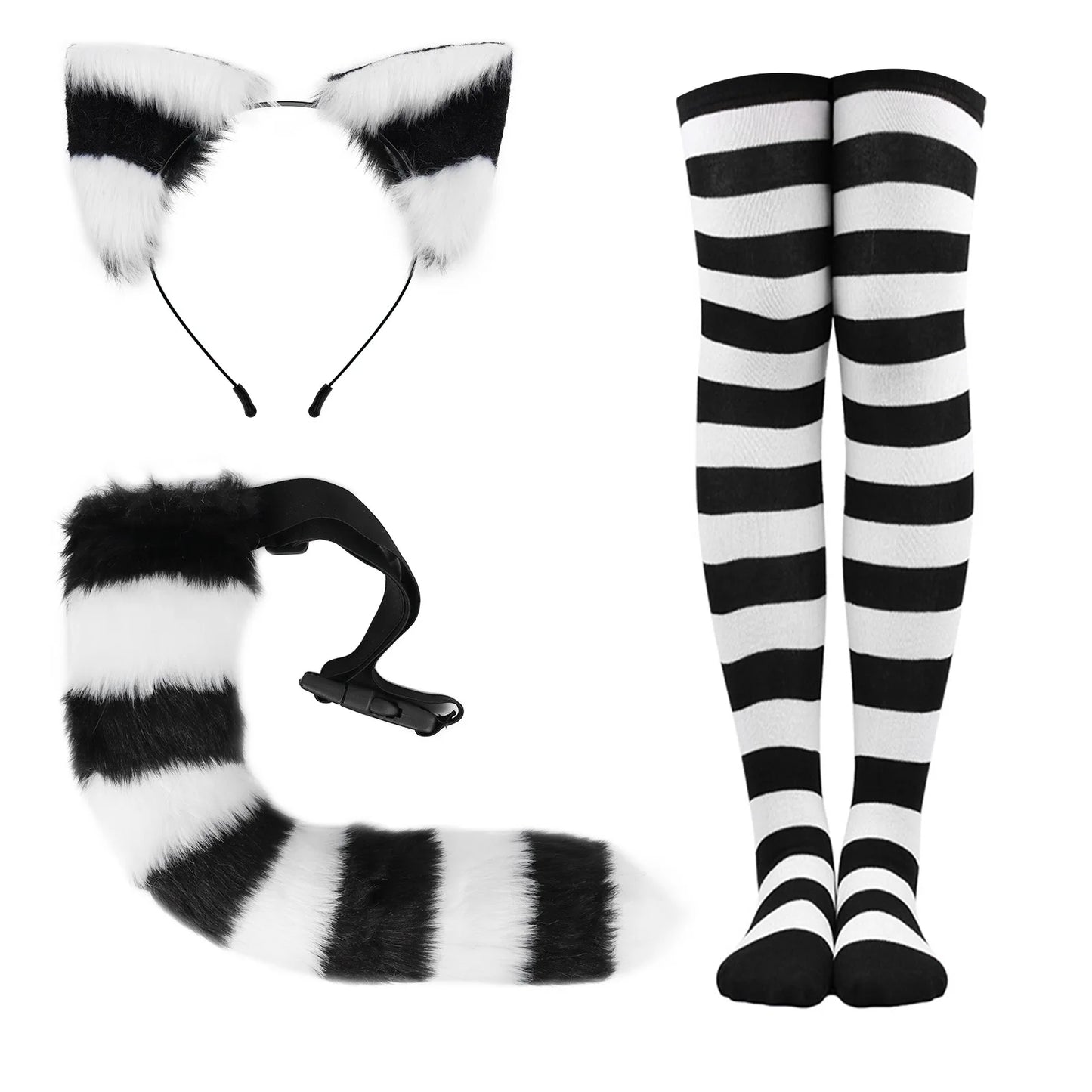 Striped Furry Cat Ear Headband and Tail Stockings Set