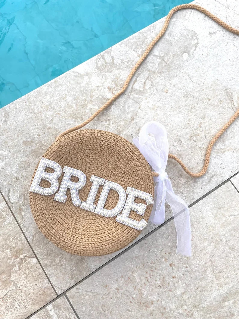 BRIDE Letters Pearl Round Embellished Beach Bag