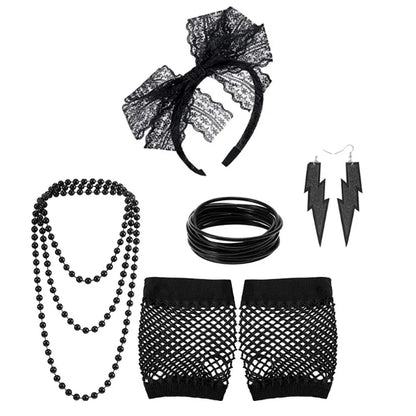 80s Dress Costume Accessories Headband Earrings Fishnet Gloves Necklace