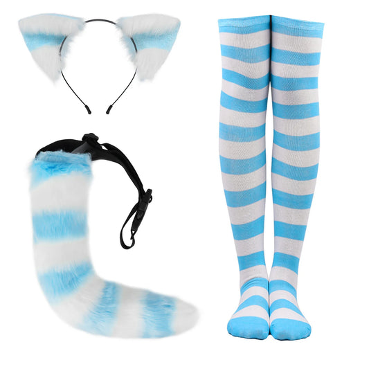 Striped Furry Cat Ear Headband and Tail Stockings Set